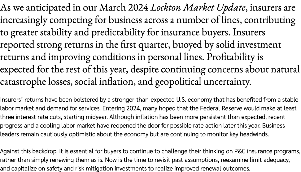 As we anticipated in our March 2024 Lockton Market Update, insurers are increasingly competing for business across a ...